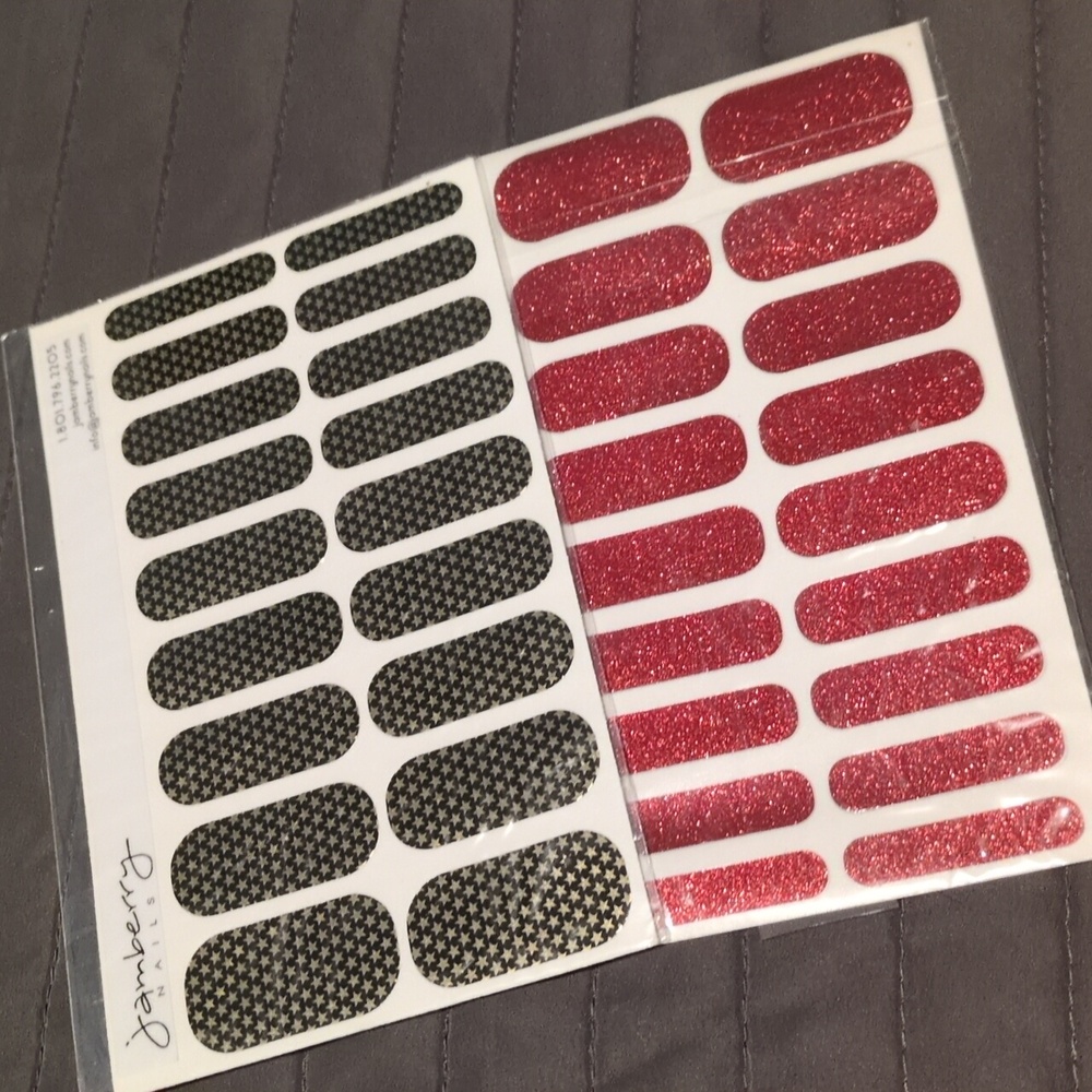 Jamberry nail wraps, red sparkle and black/gold stars